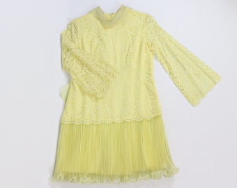 Vintage Yellow 60s Dress with Mesh Ruffle Skirt - Floral Lace Mod Gown