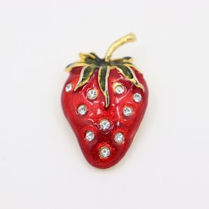 Vintage Red Strawberry Pin - Small Antique Rhinestone Brooch Jewelry