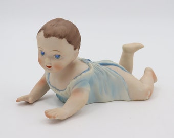 Antique Vintage Bisque Piano Baby with Blue Dress and Brown Hair - Hand Painted Child Figurine - Made in Taiwan