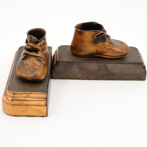 Antique Vintage Bronzed Baby Shoe Bookends - Victorian Edwardian Home Decor