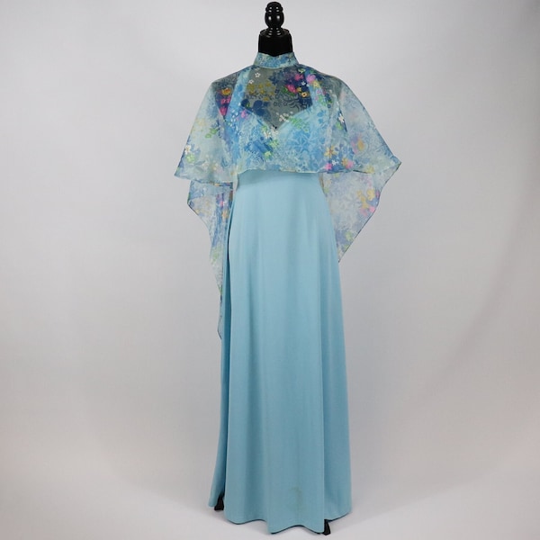 Vintage 1970s Light Blue Halter Maxi Dress with Sweetheart Neckline - Gown with Floral Mesh Cape Shawl Train