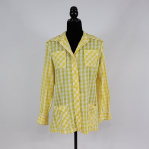 1970s Yellow and White Gingham Long-Sleeved Shirt - Vintage Button-Up Western Blouse with Pockets by Lady Manhattan