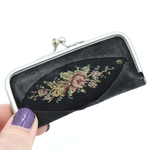 Small Vintage Black Leather Nail Care Kit with Rose Floral Embroidery