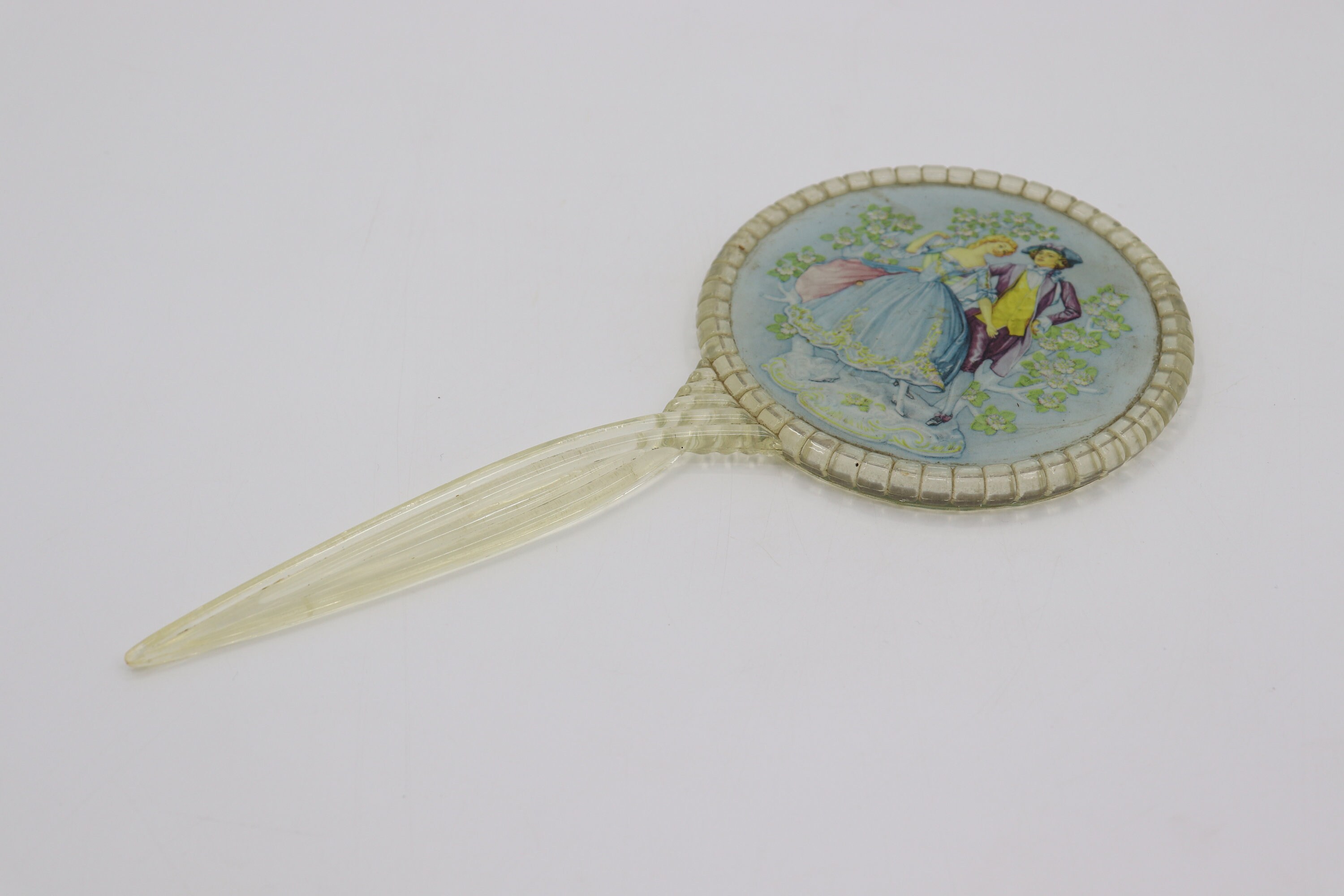 Vintage Plastic Hand Mirror With Rococo Couple Design 1950s Blue Mirror