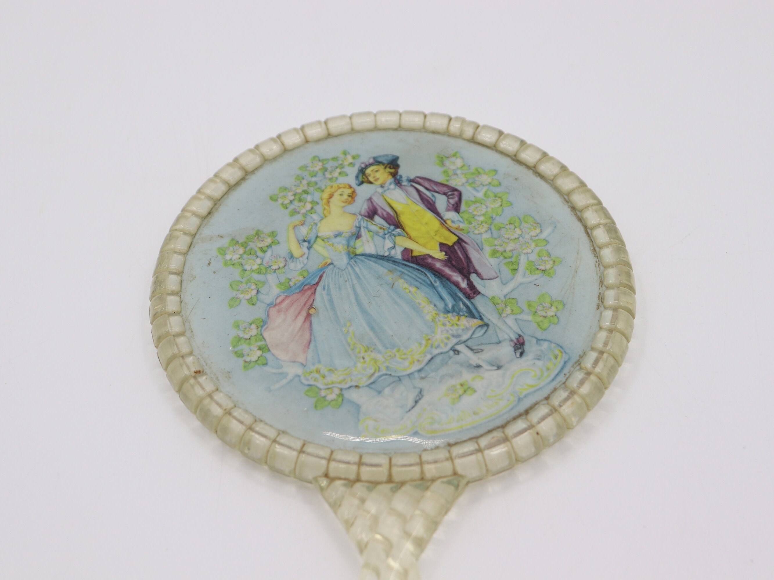 Vintage Plastic Hand Mirror With Rococo Couple Design 1950s Blue Mirror