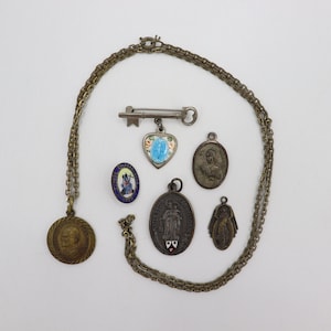 Vintage Catholic Pendants, Church Pins and Religious Medals Lot with Necklace - Prayer, Saint Jewelry