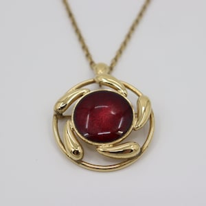 Vintage Gold Colored Necklace with Red & Gold Brooch Pendant