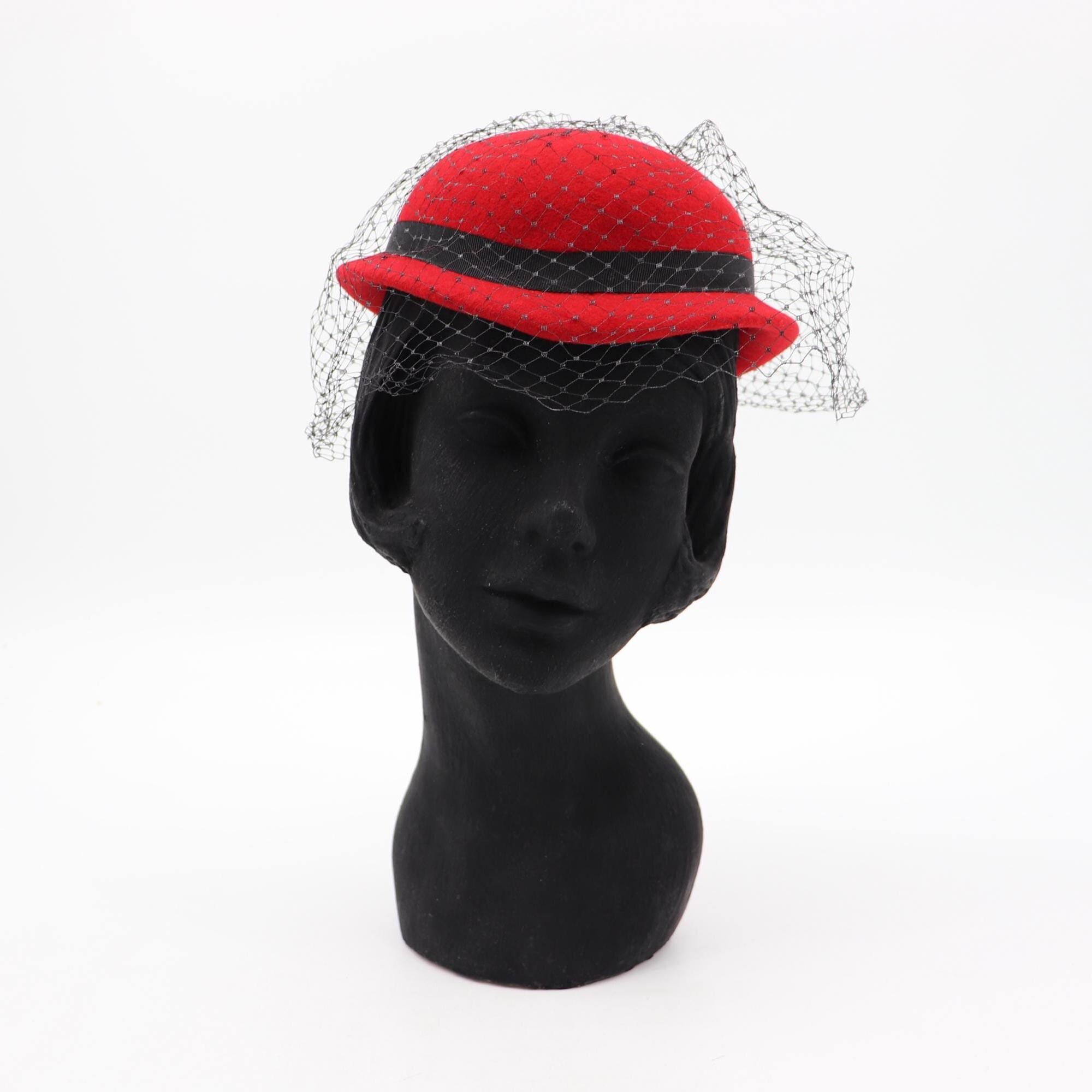 Vintage Red Hat With Black Veil and Bow - 60s 70s Women display picture 1