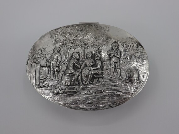 Antique Silver Plated Jewelry Box with Pilgrim Fa… - image 2