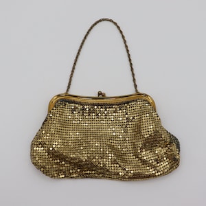 Gold Antique Vintage Whiting and Davis Mesh Bag Metal Coin Purse Chainmail Curved Frame 1940s 1950s