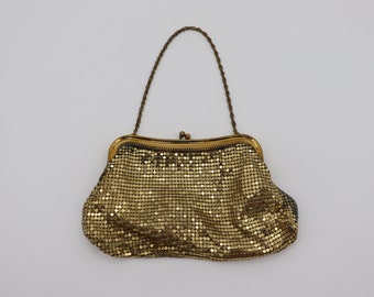 Gold Antique Vintage Whiting and Davis Mesh Bag Metal Coin Purse Chainmail Curved Frame 1940s 1950s