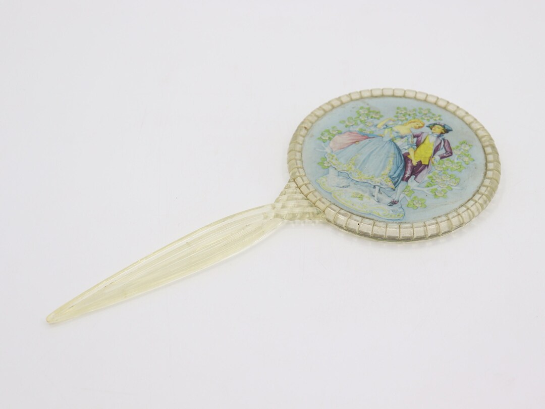 Vintage Plastic Hand Mirror With Rococo Couple Design 1950s Blue Mirror