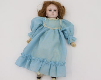 Antique Doll with Cloth Body and Blue Dress - 1900s Brown Haired Scary Creepy Doll - Halloween Decoration