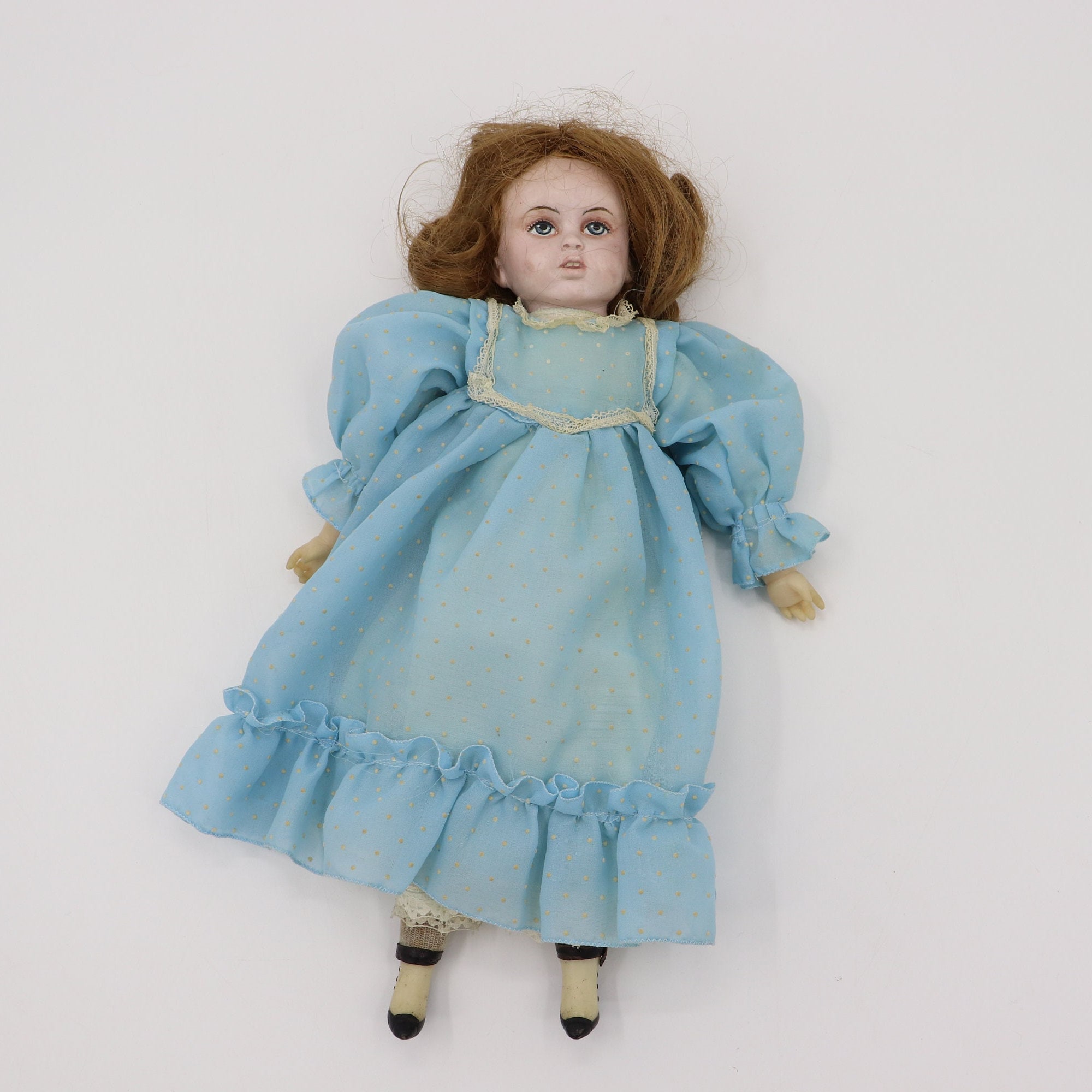 Antique Doll With Cloth Body and Blue Dress - 1900s Brown Haired