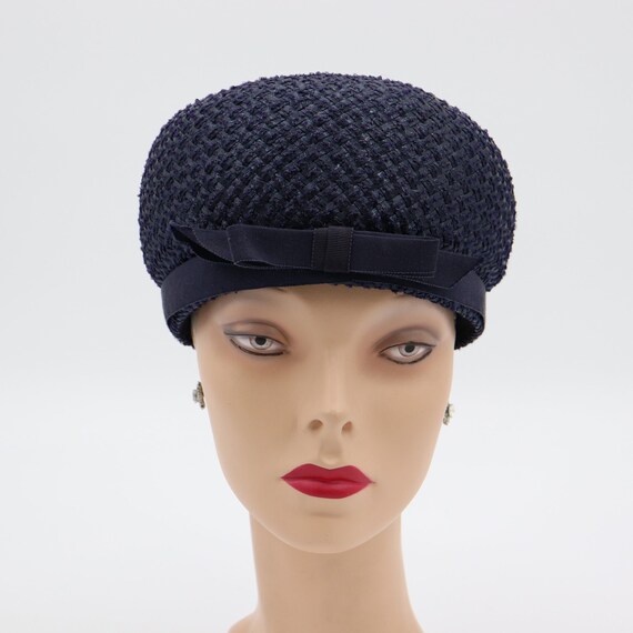 Vintage Navy Blue Bubble Hat with Bow - Union Mad… - image 5