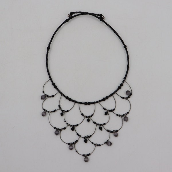 Vintage 90s Beaded Choker - Black Gothic Bib, Cascade Necklace - 1990s Jewelry