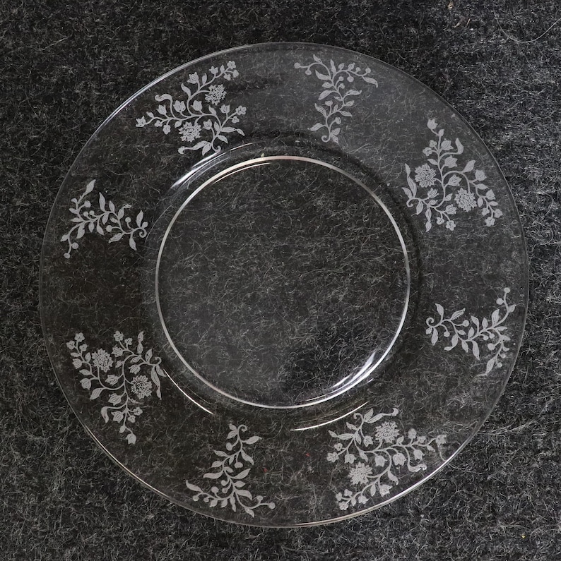 Vintage Fostoria Etched Glass Dish Set With 8 Plates, 8 Wine/water