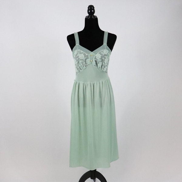 Vintage Mint Green Dorella Slip Dress - 1960s Lace Lingerie Nightgown with Buttons