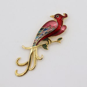 Vintage Red and Gold Cloisonne Bird Brooch - 1980s Multicolored Jewelry Pin
