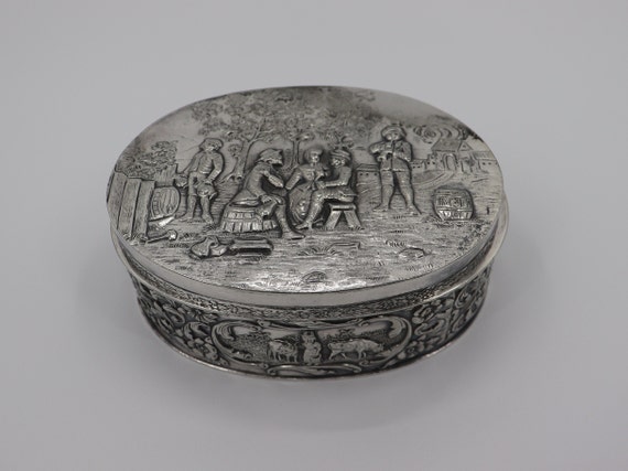 Antique Silver Plated Jewelry Box with Pilgrim Fa… - image 1