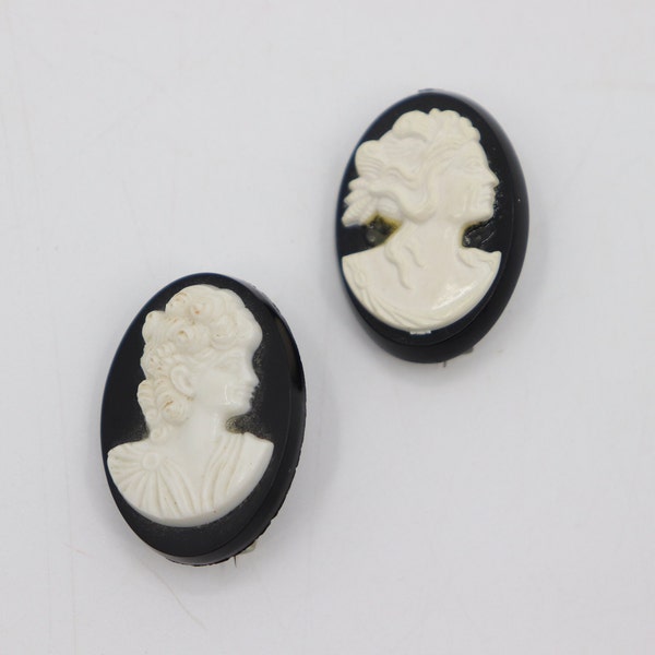 Two Vintage Black Cameo Pins - Antique Mourning Jewelry - Small Victorian Edwardian Style Brooch