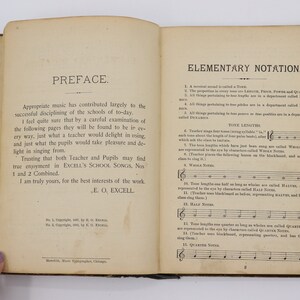 May include: An open book with a preface and a section on elementary notation. The preface discusses the importance of music in education. The elementary notation section explains the different types of notes and their lengths.