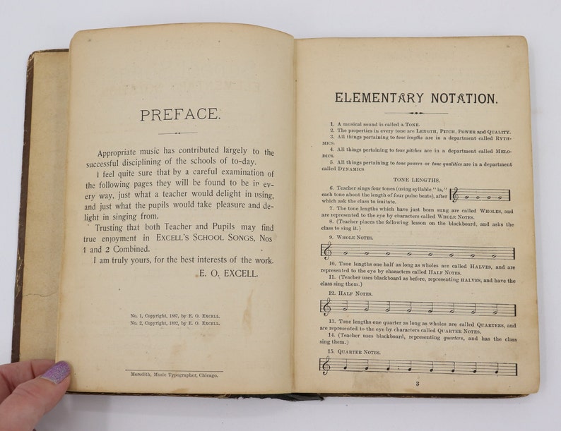 May include: An open book with a preface and a section on elementary notation. The preface discusses the importance of music in education. The elementary notation section explains the different types of notes and their lengths.