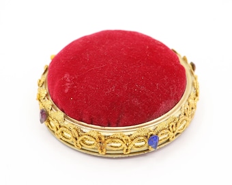 Antique Vintage Velvet Covered Pin Cushion With Gold Trim and Multicolored Jewels