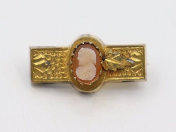 Small Antique Victorian Bar Cameo Brooch Gold Orn… - image 1