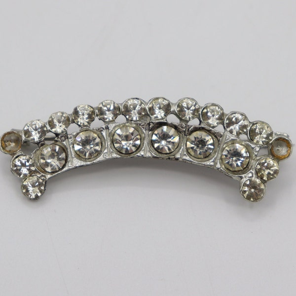 Vintage Silver Rhinestone Bedazzled Brooch Pin, Curved Crown or Tiara Shaped Antique Jewelry