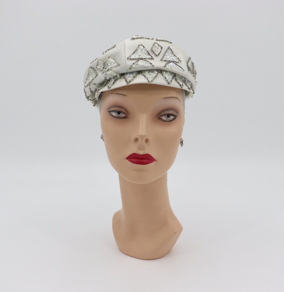 Vintage 1960s Women's White Hat with Sequins - Mo… - image 2