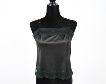 Vintage Black Lingerie Camisole Top - 1960s Warner's Whimsies Nylon Lace Slip Shirt - Made in USA