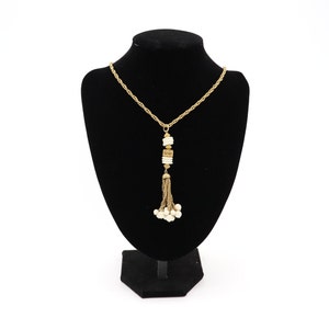 Vintage Gold-Toned Tassel Chain Necklace - White Beaded 1960s 1970s Costume Jewelry