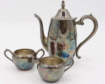 Vintage Silver Plated Tea Set - Rogers Copper on Silver Cream and Sugar and Oneida Silversmith Teapot