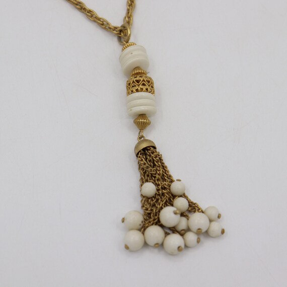 Vintage Gold-Toned Tassel Chain Necklace - White … - image 4
