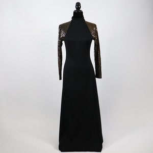 Vintage Black Disco Maxi Dress with Gold Sequin Long Sleeves - 1970s Turtle Neck Stretchy Gown