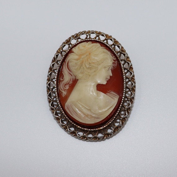 Antique Vintage Plastic Molded Pink Cameo Brooch … - image 1