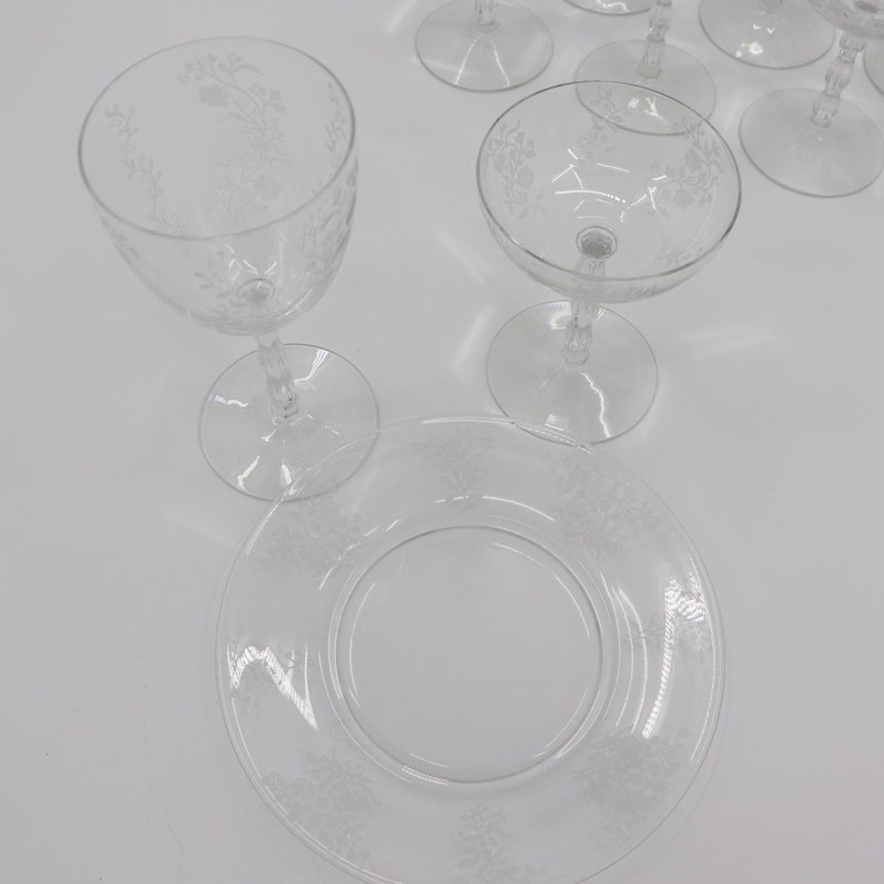 Vintage Fostoria Etched Glass Dish Set With 8 Plates, 8 Wine/water