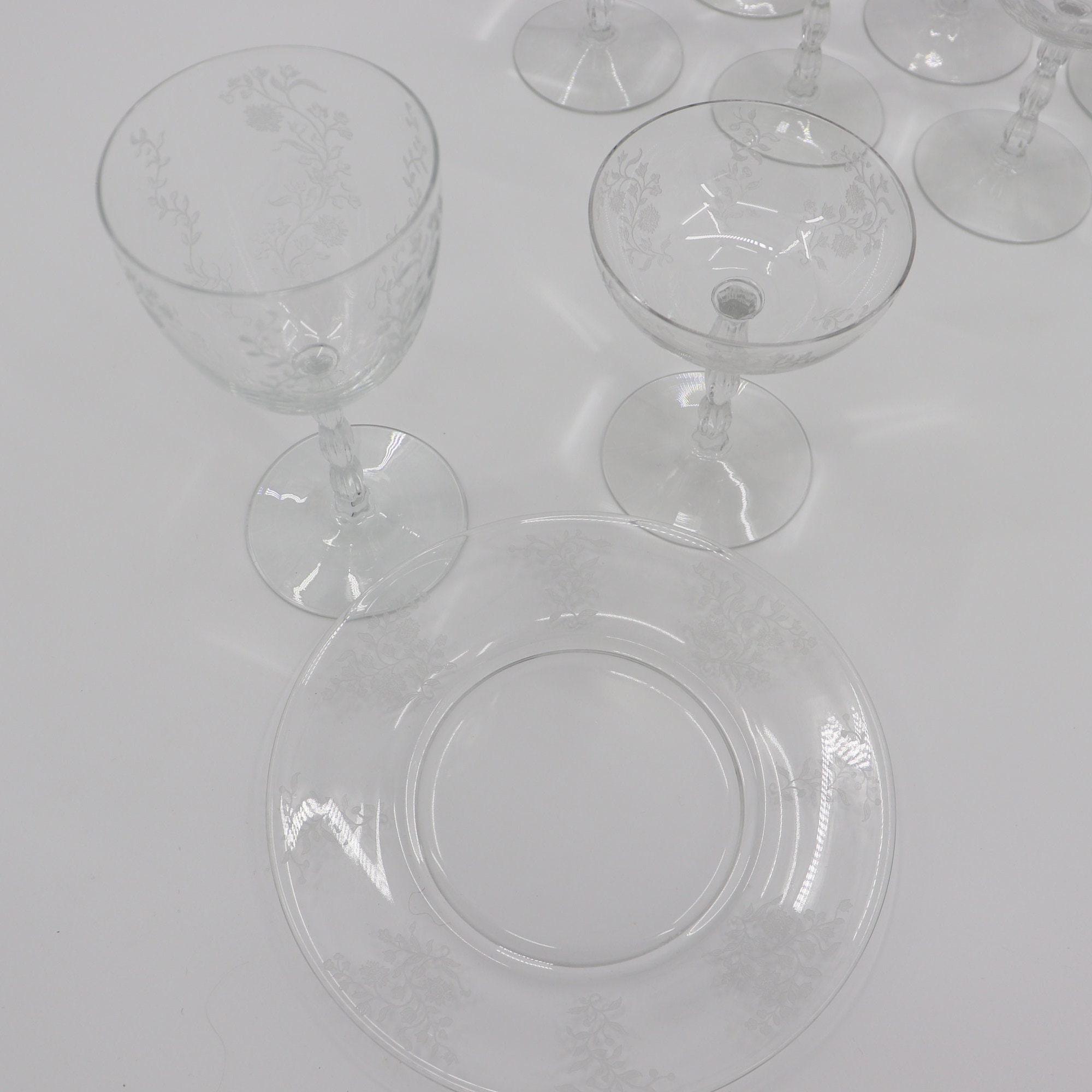 Vintage Fostoria Etched Glass Dish Set With 8 Plates, 8 Wine/water