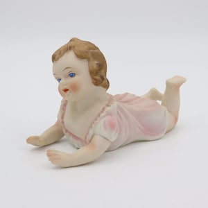 Antique Vintage Hand Painted Piano Baby - Bisque Porcelain Crawling Baby Figurine with Pink Dress - Made in Taiwan