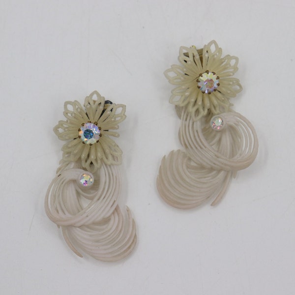 Vintage White Plastic Clip On Earring - Western Germany Floral Rhinestone Earring Jewelry Set