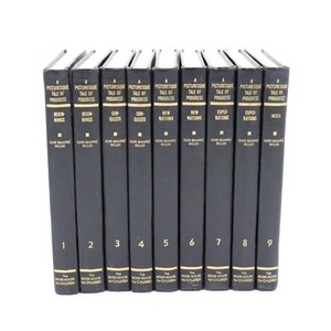 May include: A set of nine black hardback books, each with the title "A Picturesque Tale of Progress" by Olive Beaupré Miller. The spines display volume numbers and titles such as "Beginnings" and "New Nations". Published by "The Book House for Children".