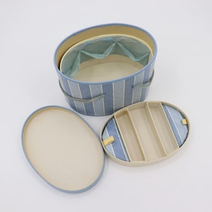 Vintage Blue Striped Quilted Sewing Box - 1950s Oval Mid Century Craft or Jewelry Container
