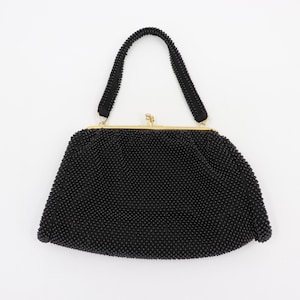 Vintage Mid-Century Black Beaded Bag - 50s 60s Purse, Made in Hong Kong, Gold Colored Hardware