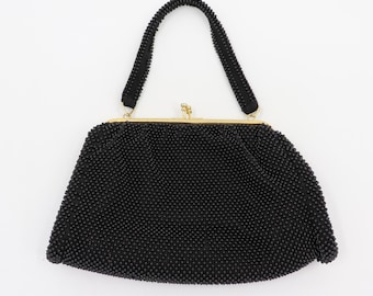 Vintage Mid-Century Black Beaded Bag - 50s 60s Purse, Made in Hong Kong, Gold Colored Hardware