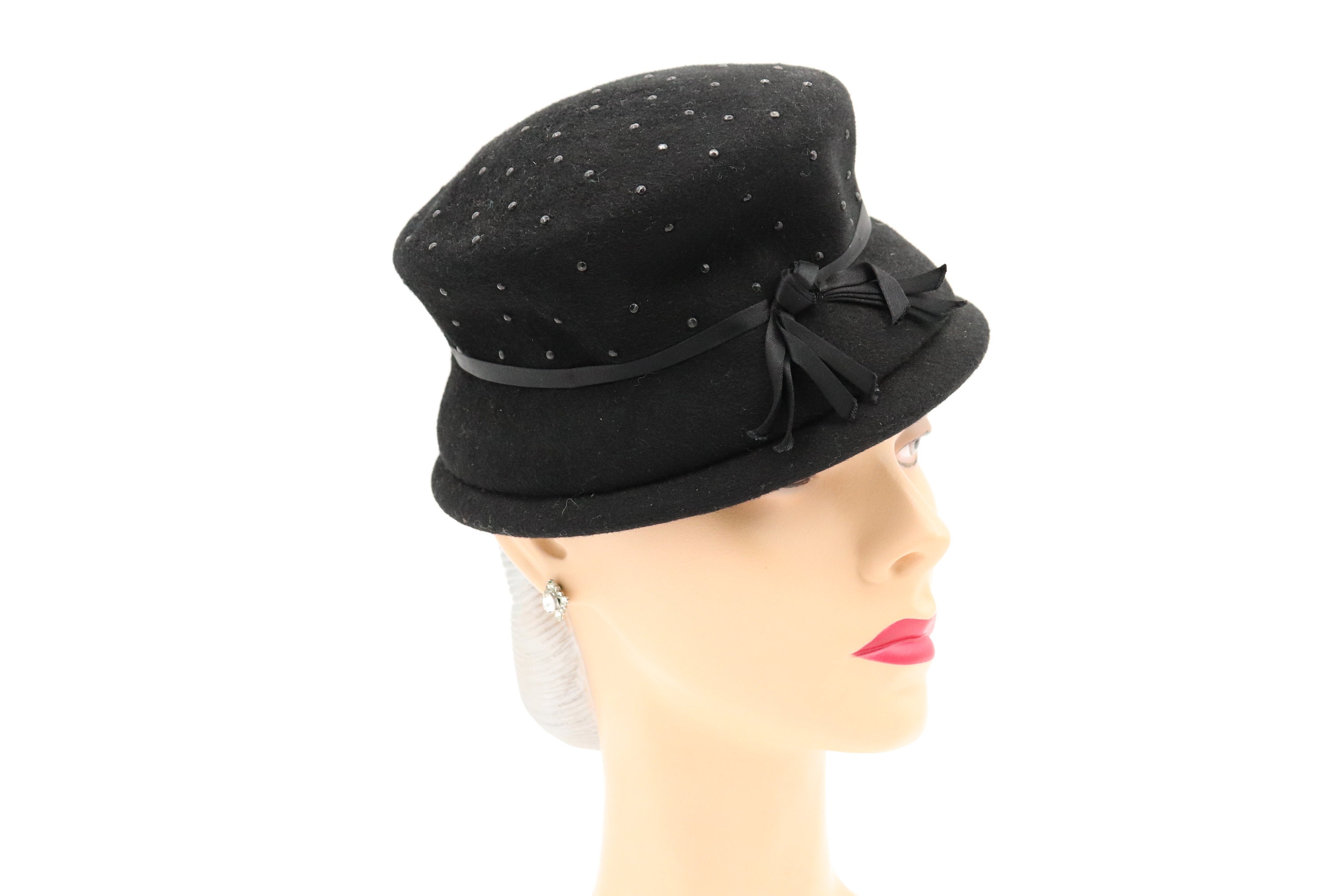 True Original 1950’s Glenover black wool hat w/ dominate side and ribbon bow Vintage Black 100% Wool Hat With Bow and Beads - 1950s  main image 3