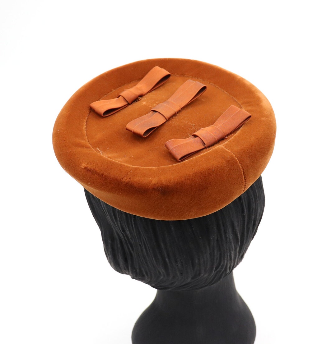 Vintage Burnt Orange Pillbox Hat 1950s 1960s Velvet Velveteen