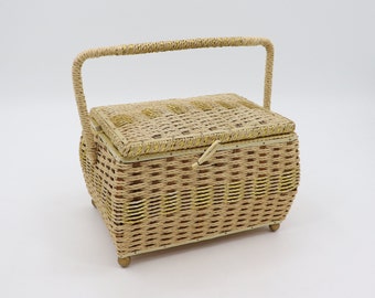 Vintage Brown Wicker Sewing Basket - Sewing Storage with Gold Details and Green Silk Cushion Interior