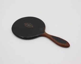 Antique Ebony Hand Mirror - Vintage Vanity Item - Black and Brown Makeup Mirror