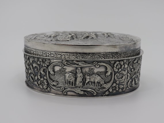 Antique Silver Plated Jewelry Box with Pilgrim Fa… - image 6